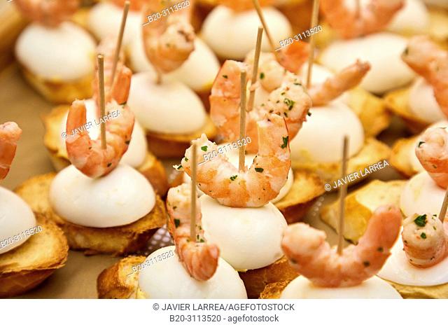 Quail egg and shrimp, Catering in congress, Kursaal Congress Palace, Donostia, San Sebastian, Gipuzkoa, Basque Country, Spain, Europe