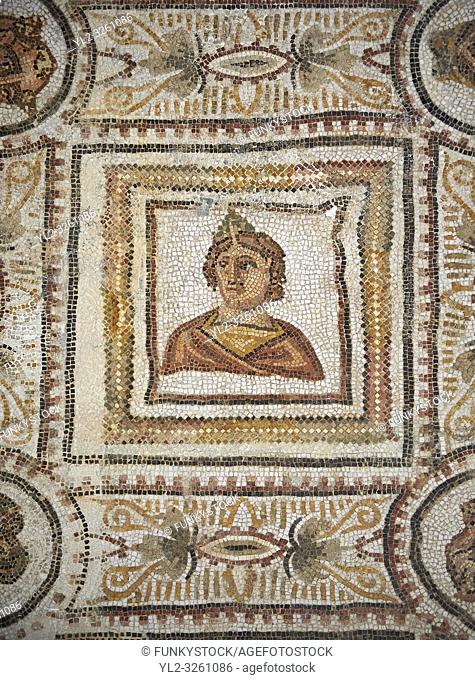 Picture of a Roman mosaics design depicting the Muses inside medallions, from the ancient Roman city of Thysdrus. 3rd century AD