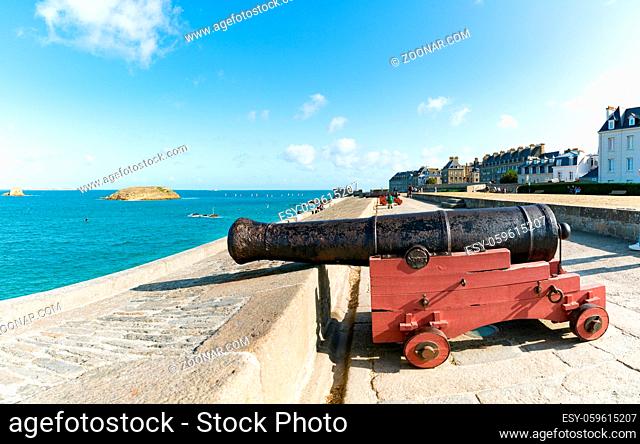 Saint-Malo, Ille-et-Vilaine / France - 19 August 2019: old cannon on the city wall of Saint-Malo in Brittany