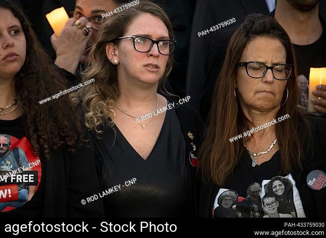 Tears run down the cheek of Shani Segal, as Congressional Members are joined by family members of Israeli victims and Hamas hostages during a bipartisan...