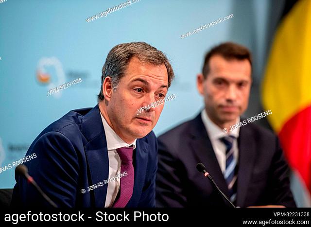 Prime Minister Alexander De Croo and Engie Belgium CEO Thierry Saegeman are pictured at a press moment after an agreement was found between federal government...