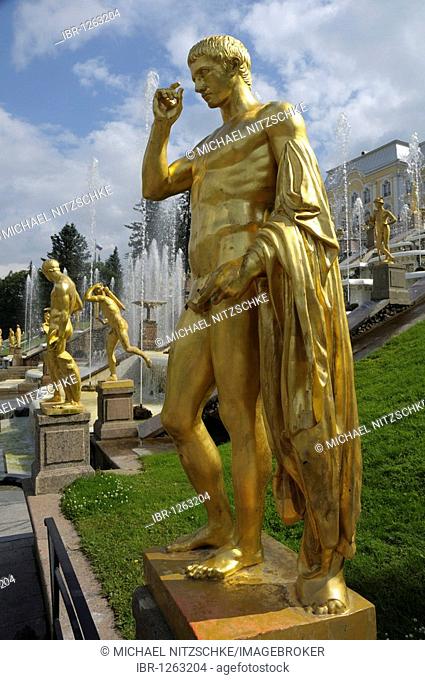 Golden statues at the Great Cascade in front of the Palace, Peterhof, Petrodvorez, Saint Petersburg, Russia, Europe