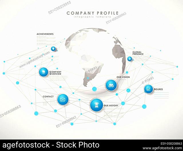 Company profile overview template with blue circles, dots and polygonal globe - light version