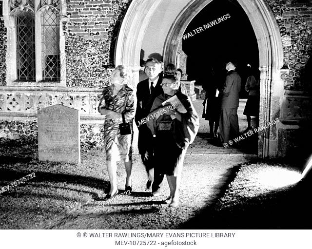 M. E. (Betty) Rawlings who lived at Kings Legend from 1954-1969 leaving the Aldeburgh Parish Church after an evening concert during the Aldeburgh Festival 1962...
