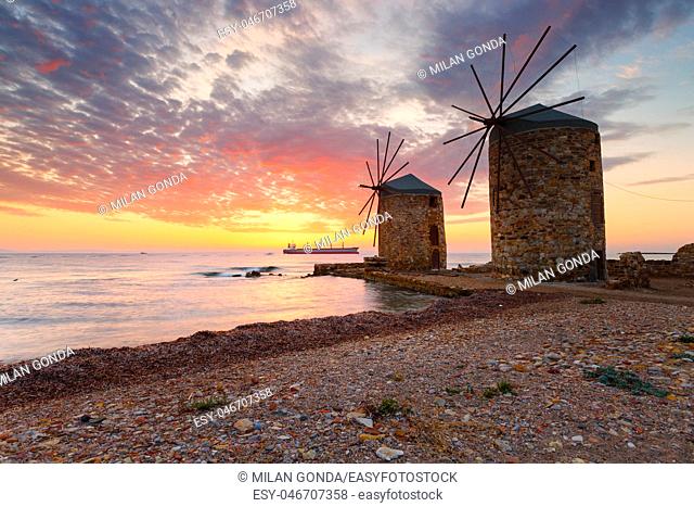 Sunrise image of the iconic windmills in Chios town.