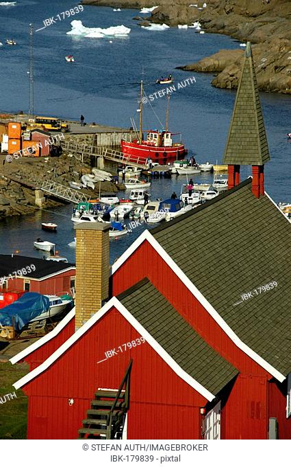Red church at the harbour Ammassalik Eastgreenland