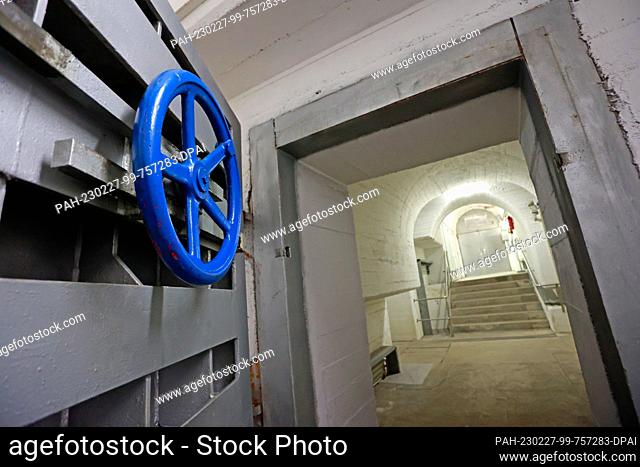 09 February 2023, Saxony-Anhalt, Wendefurth: Steel doors secure access to the slide gate house inside the dam of Wendefurth Dam
