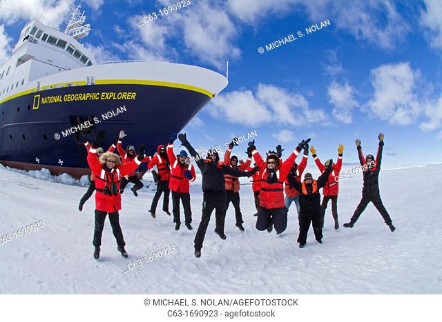 Staff from the Lindblad Expedition ship National Geographic Explorer shown here is the entire staff working in Antarctica