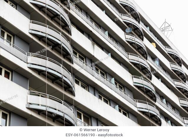 Ghent, Flanders, Belgium. Facade and balconies of a high contemporary apartment block