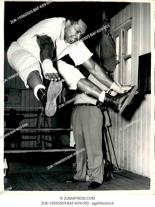May 05, 1956 - Archie Moore goes into training Windsor: Archie Moore the world light-heavyweight champion, now in training for his fight with Yolande Pompey in...