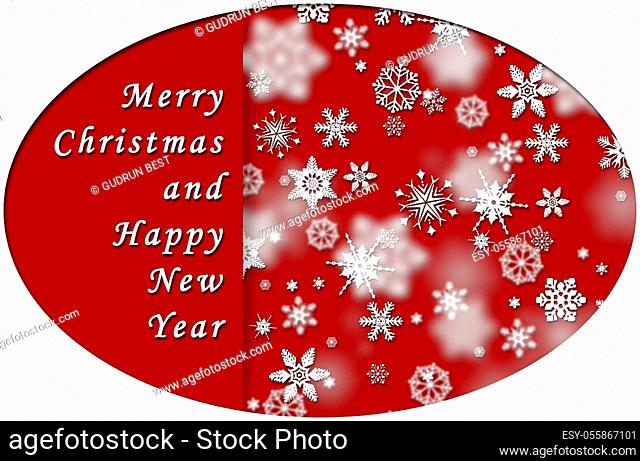 Red Christmas greeting card in sticker format - Merry Christmas and happy new year lettering - white snow stars - 3D illustration