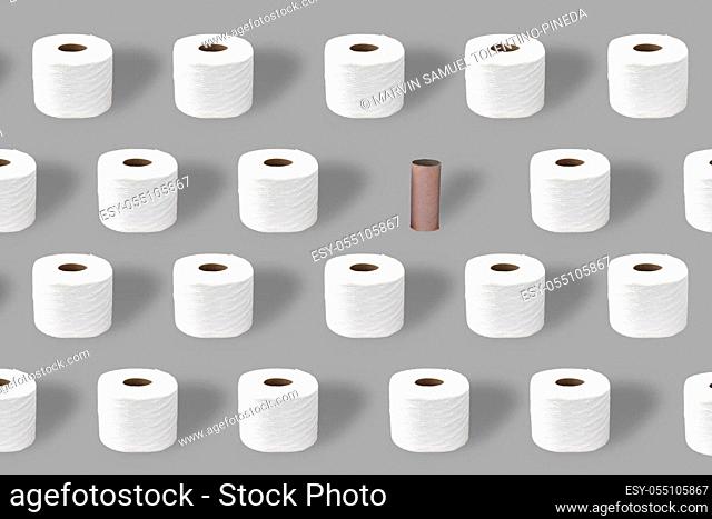 Toilet paper rolls with and empty roll, toilet roll holder on a grey background