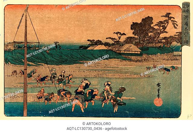 Susaki shiohigari, Salt gathering at Suzaki., Ando, Hiroshige, 1797-1858, artist, [between 1833 and 1836], 1 print : woodcut, color ; 23 x 36.7 cm