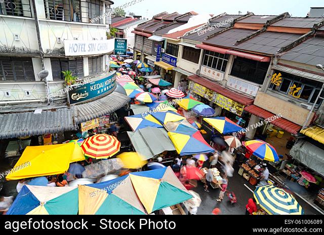 Georgetown, Penang, Malaysia - Jan 27 2017: Fisheye view slow motion of people buy at pasar pagi