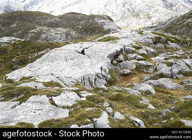 Drumlin of glacial origin formed on limestone. This photo was taken in Picos de Europa National Park, Fuente De, Cantabria, Spain