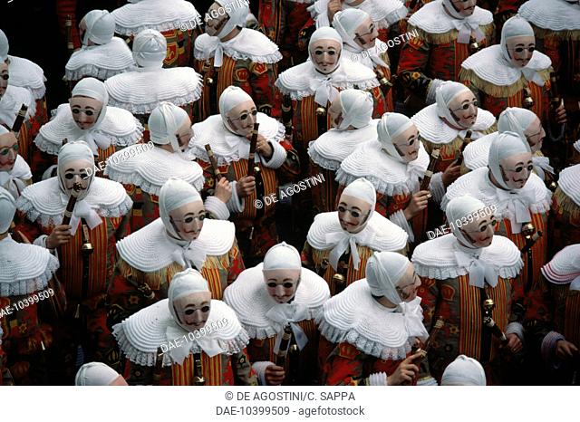 Gilles wearing wax masks, Carnival of Binche (UNESCO Intangible Cultural Heritage, 2008), Hainaut, Belgium