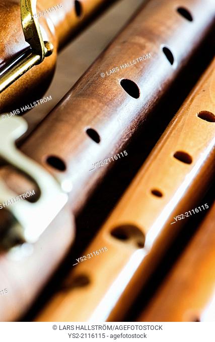 Closeup of a variety of recorders (flute)