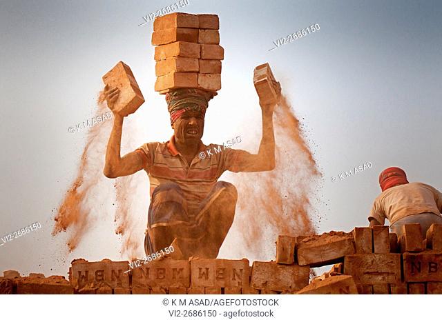 A labourer picks up bricks in a brickfield covered with thick dust in Dhaka Bangladesh, December 10, 2015. In this brickfield burning coal causes tremendous...