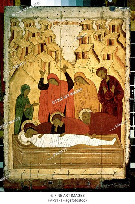 The Entombment. Russian icon . Tempera on panel. Russian icon painting. Late 15th cen. . State Tretyakov Gallery, Moscow. 91x63. Painting