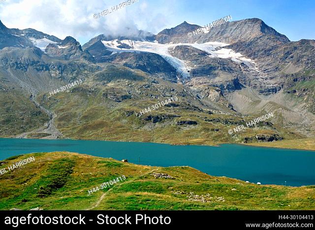 The Piz Cambrena and Lago Bianco viewed from the Bernina Pass in southern Switzerland above St Moritz