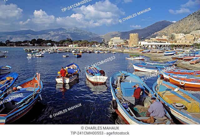 Europe, Italy, Sicily, Fishing boats in the harbour of Monsello