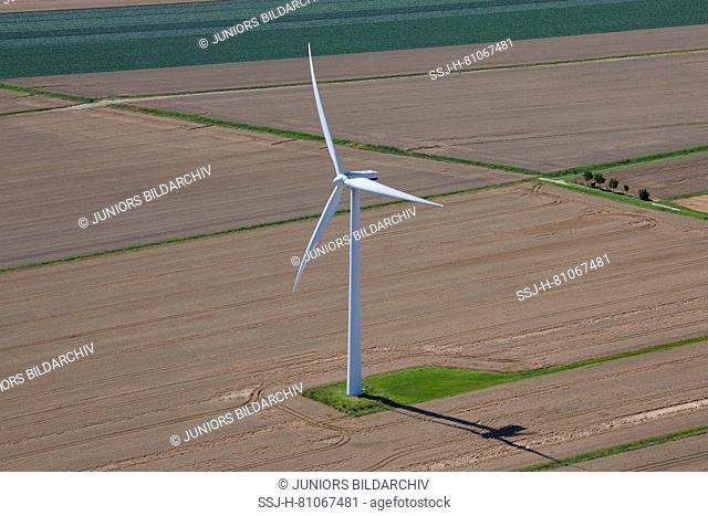 Wind turbine seen from the air. Dithmarschen, Schleswig-Holstein, Germany