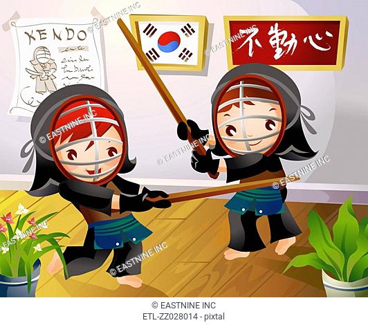 Two girls practicing kendo