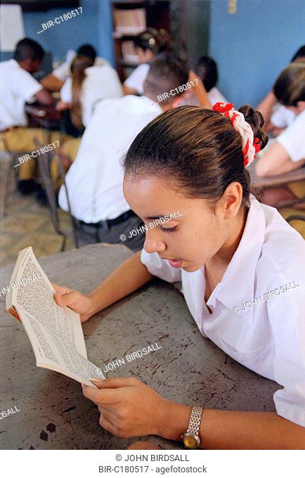 Secondary school girl reading book at desk