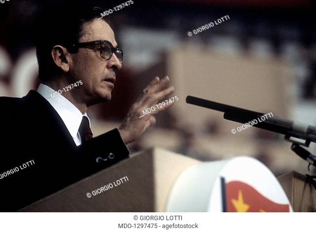Enrico Berlinguer speaking at a meeting. The Italian politician leader of the Italian Communist Party (PCI) Enrico Berlinguer speaking at a meeting