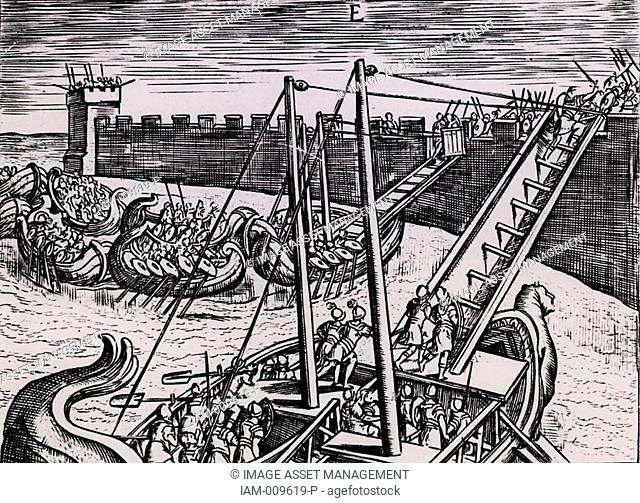 Roman soldiers scaling the walls of a fortress using ladders mounted on boats  From 'Poliorceticon sive de machinis tormentis telis' by Justus Lipsius Joost...