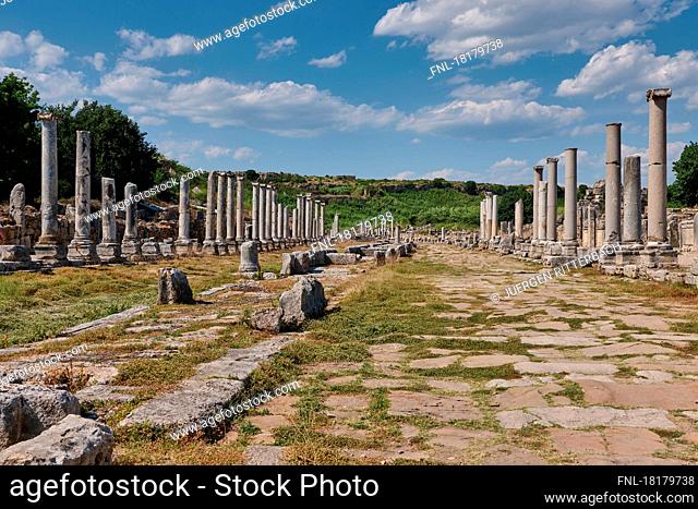 columns of collonnaded street ruins of the Roman city of Perge, Antalya, Turkey|
