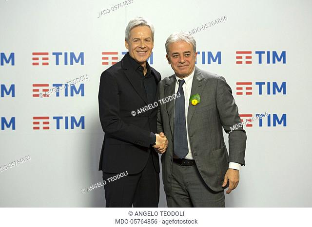 Italian singer and tv-host Claudio Baglioni with Rai 1 CEO Angelo Teodoli at 68th Festival di Sanremo press room. Sanremo, February 7th 2018