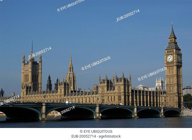 View of the Houses of Parliament and Big Ben clock tower seen over the River Thames and Westminster Bridge