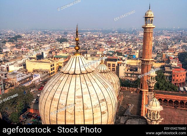 the view of Jama Masjid mosque and the city of new delhi taken from top of the mosque minaret. New Delhi, India