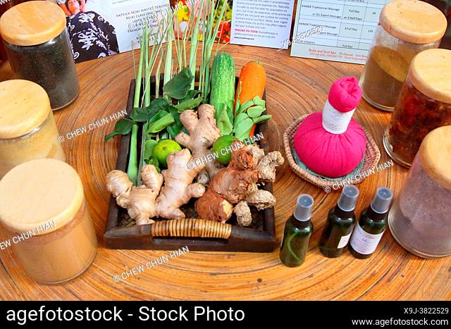 Display of massage oil making from different herbs, pub street, siem reap, cambodia