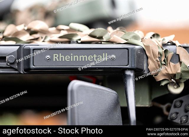 25 July 2023, Hesse, Kassel: The ""Rheinmetall"" logo can be seen on a Caracal airborne vehicle of the German armed forces