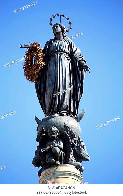 Column of the Immaculate Conception monument with Virgin Mary on top at Piazza di Spagna in Rome, Italy
