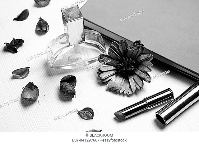 stationery lying on the table black and white poster
