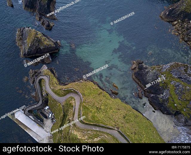 Aerial view, coast and cliffs at Dunquin Harbour, Dún Chaoin, Dingle Peninsula, Ireland, Europe