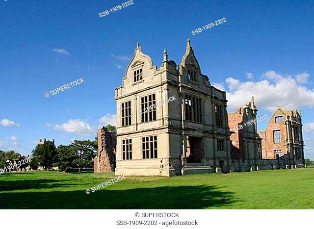 The ruins of Moreton Corbett Corbet castle and Elizabethan Manor house stand in beautiful Shropshire landscape near Shawbury Shrewsbury Shropshire England UK...