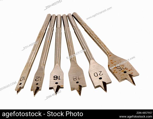 special various size wood drill bits with numbers isolated on white background