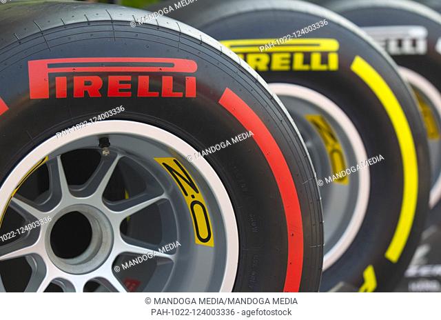 Monza, Italy - September 05, 2019: FIA Formula One World Championship, Grand Prix of Italy, Atmosphere of Paddock / Pitlane with Pirelly Tyres, Reifen, Wheel