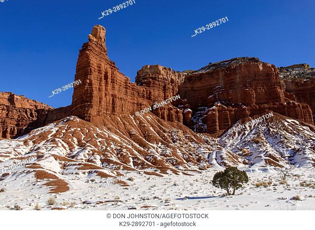 Recent snow in the high desert featuring Chimney Rock, Capitol Reef National Park, Utah, USA