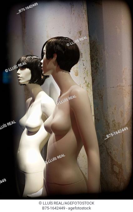 two female mannequins in a shop window