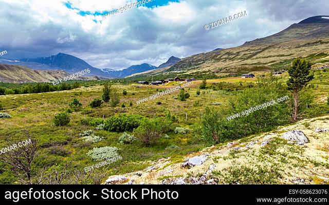 Cabins at the end of the road in Doralen valley, Rondane National Park, Innlandet, West Norway, Scandinavia, Europe