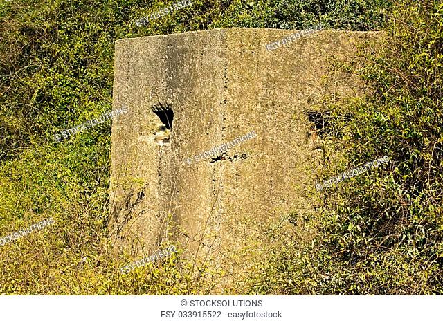Old ruin of a an allied world war two bunker in the uk commonly called a pillbox