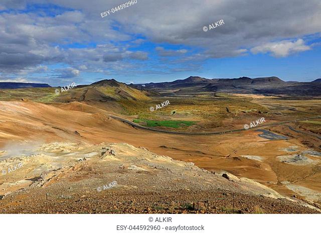 View of steaming fumaroles in geothermal valley Hverir Namafjall in north Iceland