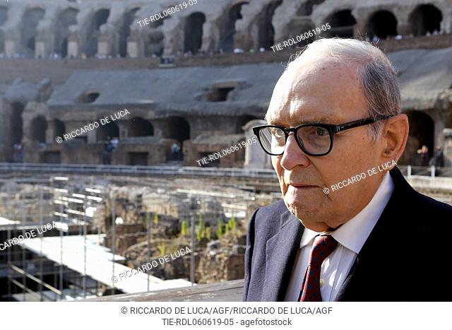 Italian composer and Academy Award winner Ennio Morricone receives the 'Presidio Culturale Italiano' award at the Coliseum in Rome , ITALY-06-06-2019