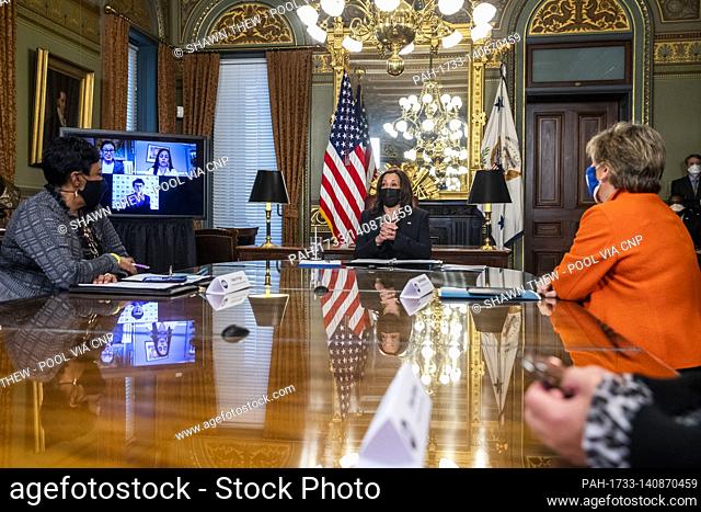 US Vice President Kamala Harris meets with labor leaders in the Vice President's Ceremonial Office in the Eisenhower Executive Office Building in Washington, DC