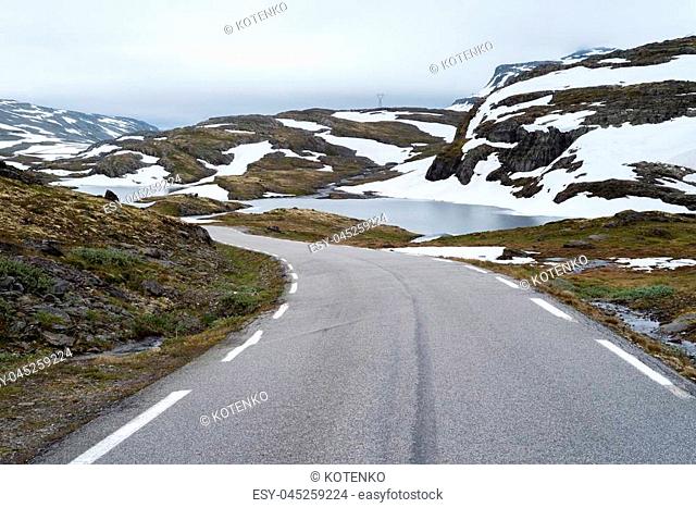 Bjorgavegen - mountain road runs from Aurlandsvangen to Laerdalsoyri, Norway. Norwegian Tourist Route Aurlandsfjellet